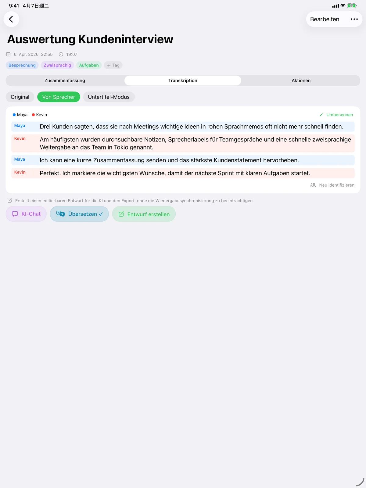 Speechy auf dem iPad mit einem sprechergetrennten Meeting-Transkript.