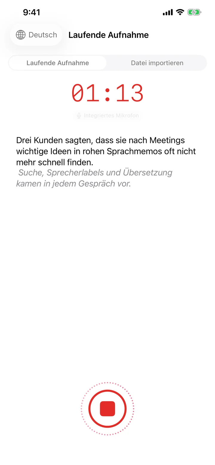Speechy auf dem iPhone während einer Aufnahme — mit Waveform und Transkript.