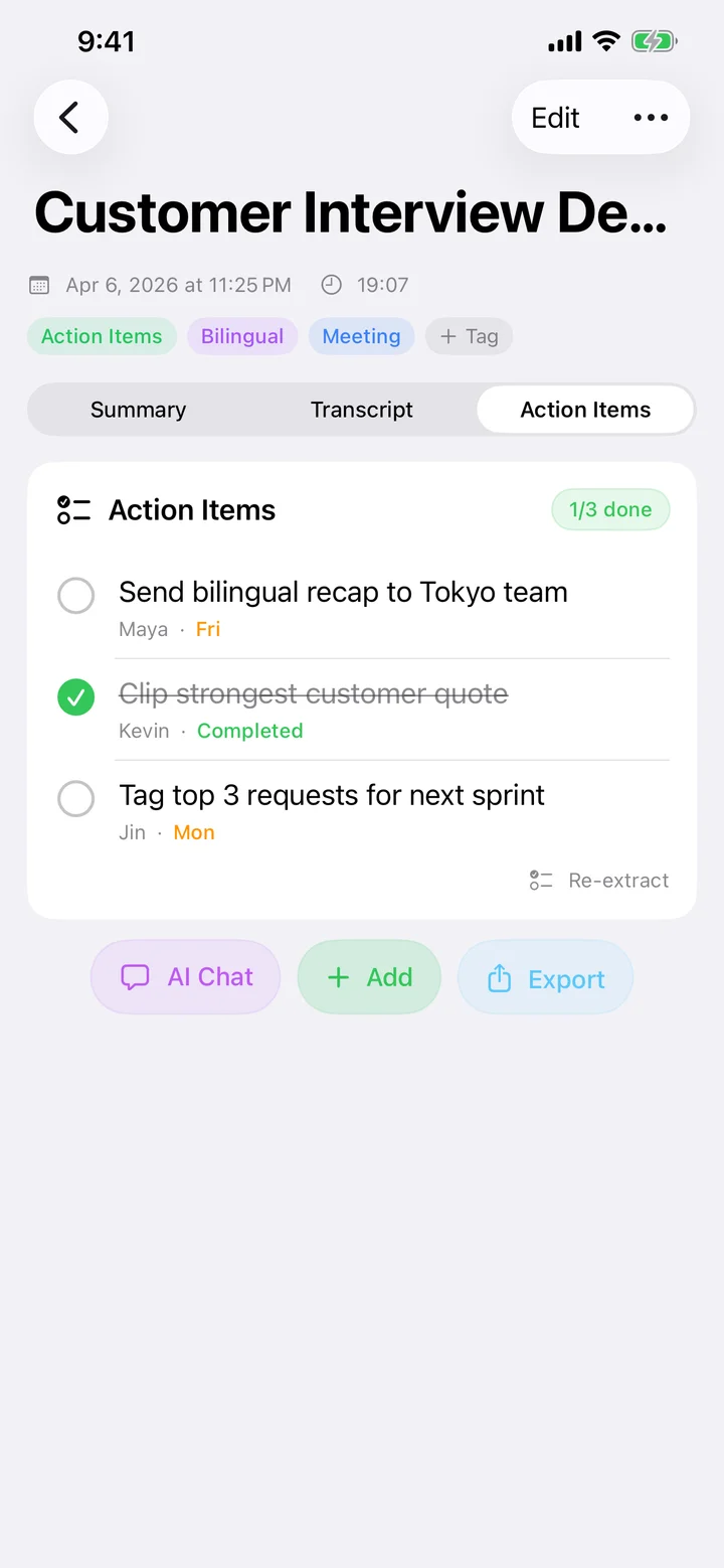 Action items tab with checkboxes