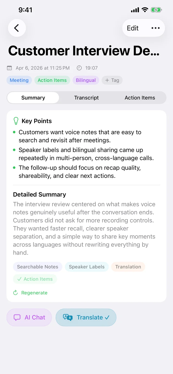 A Speechy note showing transcript, AI summary, and action items