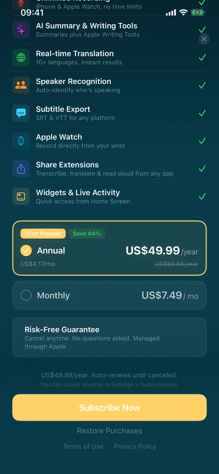 Speechy paywall showing Pro benefits and plan options