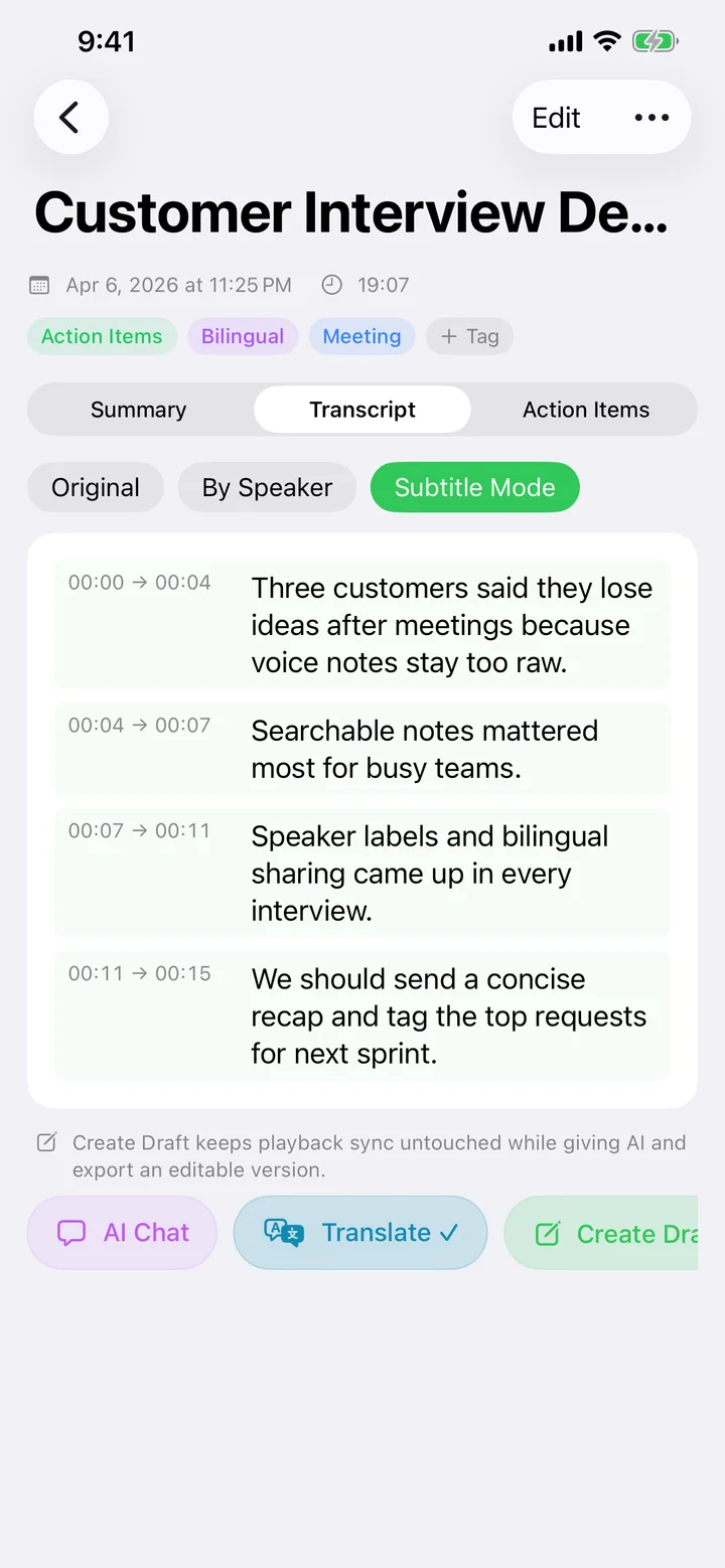 Transcript displayed as subtitle cues with timestamps